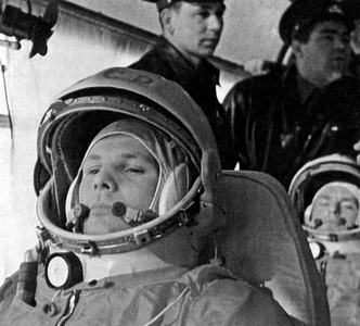 Yuri Gagarin and Gherman Titov with Grigory Nelyubov and Andrian Nikolayev, 12th April 1961 (b/w photo)