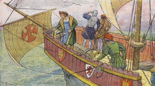 Christopher Columbus uses a compass to help him sail to the New World (colour litho)