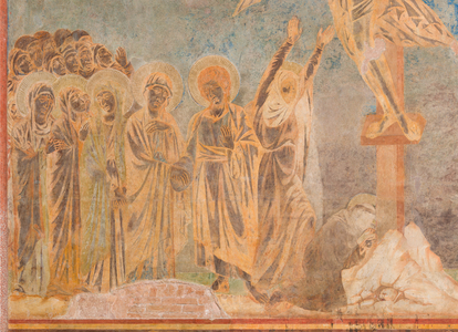 Detail with the Pious Women, the Virgin, Saint John the Evangelist, the Magdalen and Saint Francis at the foot of the cross, c.1277-83 (fresco)