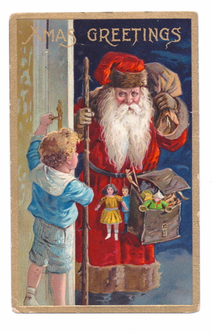Edwardian Christmas postcard of a boy opening the door to Father Christmas, c.1910 (colour litho)