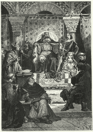 Meeting of the council of the Emperor Charlemagne (engraving)