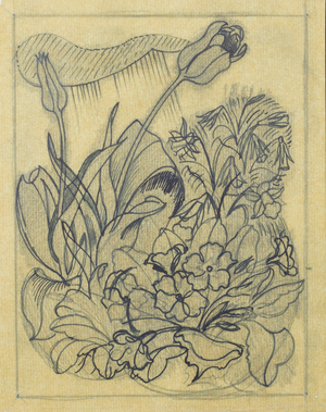 Study of a spring garden with tulips, primroses and dwarf daffodils (pencil, pen & ink on yellow paper)