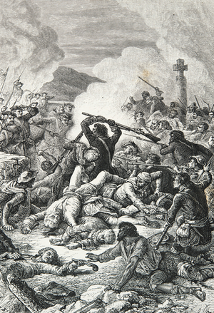 Victory of the Comte de Vaux over Pascal Paoli's nationalists at the battle of Ponte Novo, 1769 (Engraving)