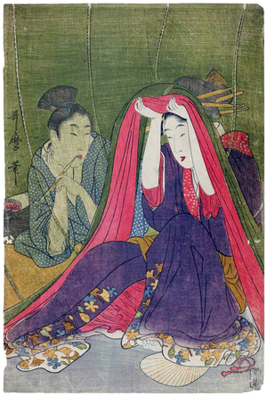 Japan: A couple, the man smoking a pipe and a woman lifting the mosquito net. Kitagawa Utamaro (1753-1806)