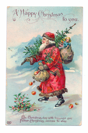 Edwardian Christmas postcard of Father Christmas walking through the snow with a Christmas tree and sack of toys on his shoulder, c.1910 (colour litho)