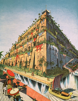 The hanging gardens of Babylon (colour litho)