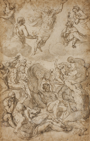 Saint Roch and the Virgin Interceding with Christ on Behalf of Plague Victims (pen & brown ink with brush & gray-brown wash, over black chalk, on tan laid paper; later additions of white gouache)