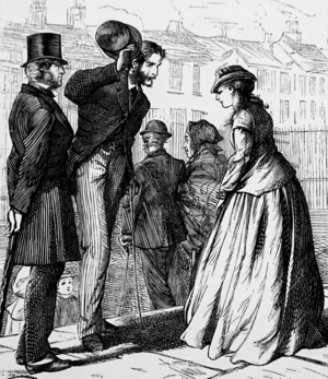Gentlemen in top hats greeting a lady wearing a fashionable hat, 1850