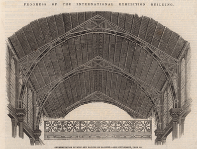 Progress on the International Exhibition Building; Ornamentation of roof and railing of gallery (engraving)