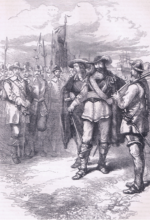 Commissioners landing at Boston 1665, illustration from Cassell's History of the United States pub. by Petter & Galpin c.1890 (litho)