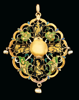 Armenian gemset and enamelled reliquary (gemstones, enamel & pearl set in gold)