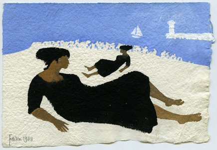 Study of a Girl on a Beach, with a Sailing Boat, and Lighthouse beyond, 1988 (w/c on paper)