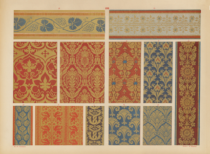 Page from Ornamente de Gewebe, 1874 – textile designs (colour litho)