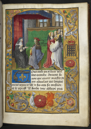 Royal MS 16 F II f.137r Illustration from 'Charles d'Orleans, Poetry; Pseudo-Heloise, 'Les epistres de labesse Heloys du Paraclit, laquelle abaye maistre Abaielart fonda aincois quil mourust' ', 1483 (ink & colour on parchment)