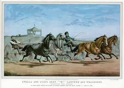 Stella and Alice Grey: lantern and whalebone "passing the stand" in their great match for 2000$ in double harness over the union course june 5, 1855, United States, engraving by Currier