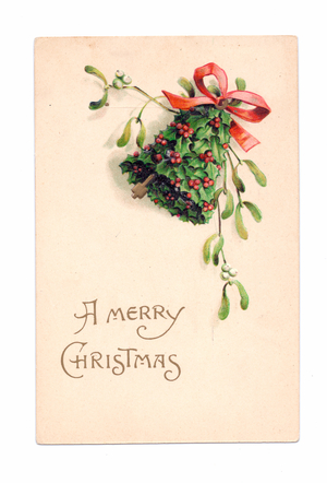 Edwardian Christmas postcard of a bell decorated with holly and tied with a red bow, c.1910 (colour litho)