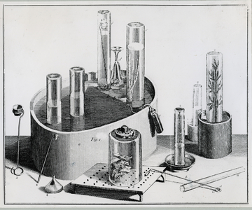 Joseph Priestley's (1733-1804) pneumatic trough and ancillary equipment for studying gases.