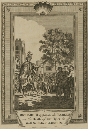 King Richard II appeases the rebels on the death of Wat Tyler in West Smithfield, London (engraving)