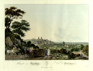 Two women travel on an open carriage while two other women walk holding a parasol on a road in the foreground. Shepherds looking after their flock on the right, women working the fields beyond and a view of the town of Oppenheim and its cathedral in the background