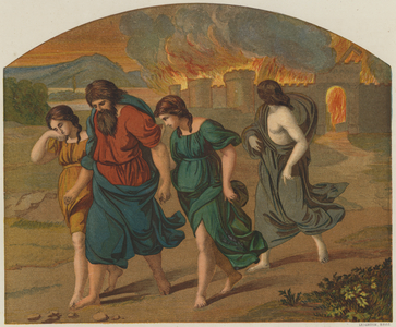The escape of Lot and family from Sodom (colour litho)