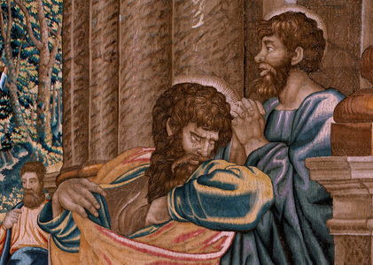 Flemish tapestry. Series The Acts of the Apostles. Saint Paul and Saint Barnabas in Lystra (San Pablo y San Bernabé en Lystra). 8th cloth in the series, it was split in two to adapt it to the room. Model Cartoon by Rafael Sanzio. 1519. Manufacture Jan Raes I, Brussels. Ca 1605-1629. Fabric Silk and wool.
