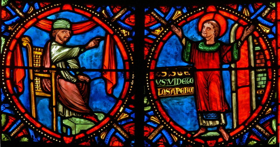Window w10 depicting the High Priest trying to dissuade St Stephen from preaching (modern) (stained glass)