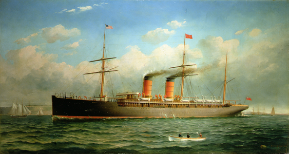 The Cunard Liner R.M.S. Umbria off Brooklyn Heights, on the East River, New York, 1885 (oil on canvas)