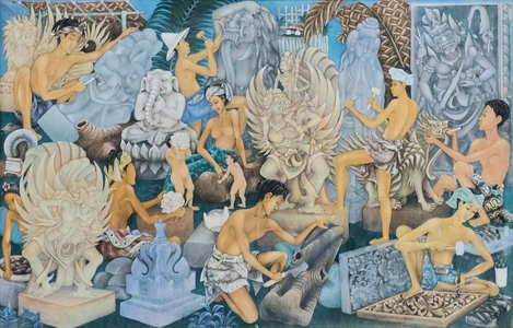 Balinese stone craftsmen working, 1957 (tempera on canvas)