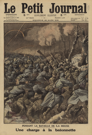 French infantry making a bayonet charge on a German position at the Battle of Verdun, World War I, 1916 (colour litho)