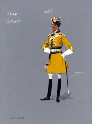 India: Indian 'Cavalree' officer of Skinner's Horse. Caricature style gouache painting, Snaffles, 1910