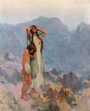 Hagar and Ishmael in the Wilderness (colour litho)