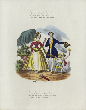 British Valentine card with an image of a cherub pulling a woman along with a string of flowers (colour litho)