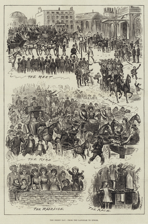 The Derby Day, from the Langham to Epsom (engraving)