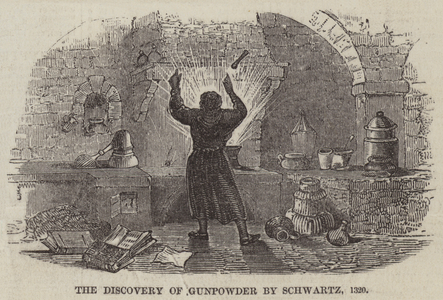 The Discovery of Gunpowder by Schwartz, 1320 (engraving)