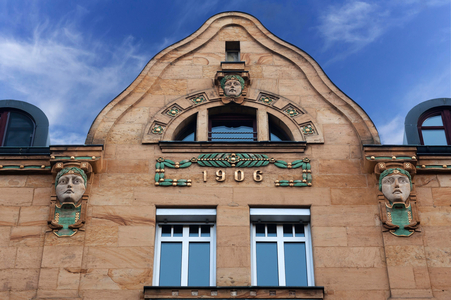 Upper facade of an Art Nouveau building from 1906, Nuremberg, Middle Franconia, Bavaria, Germany, Europe, 2014 (photo)