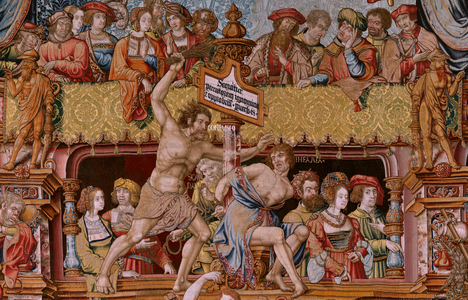 Flemish tapestry. Series The Honours. Infamy (La Infamia). Sixth tapestry in the series. Model Cartoonists from the circle of Bernard van Orley and Jan Gossaert (Mabuse). Manufacture Pieter van Aelst, Brussels. Ca 1550. Fabric Gold, silver, silk and wool.