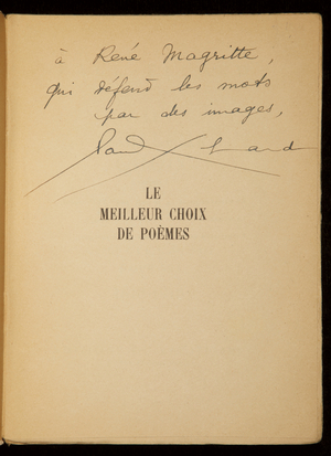 Autograph to René Magritte, inset page of 'Le Meilleur choix de poèmes est celui que l'on fait pour soi, 1818-1918', 21 November 1947 (pen & ink on paper)