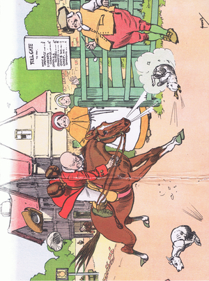 Gilpin loses his hat, wig and cloak, from Blackie's Popular Nursery Rhymes published by Blackie and Sons Limited, c.1920 (colour litho)