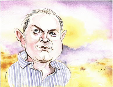 George Benjamin - caricature with background landscape, a reference to 'At First Light', Benjamin's orchestral work of 1982