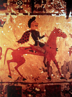 Russia: Horseman, Pazyryk felt artifact, c.300 BCE.