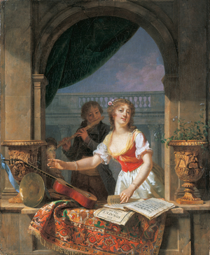 A young lady reaching for a guitar at a stone casement and a boy playing the flute beyond, 1796-97 (oil on canvas)
