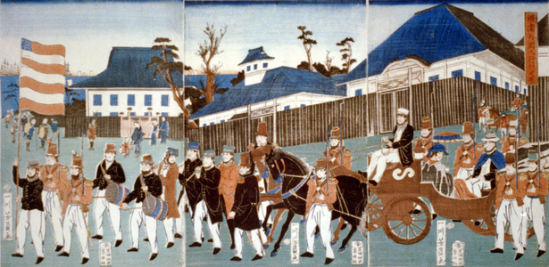 Triptych showing a parade of foreigners, Yokohama, in a horse-drawn open carriage and led by man carrying the stars-and-stripes, and a military band,1861. Utagawa Yoshigawa (actives 1850-1870) Japanese ukiyo-e artist.
