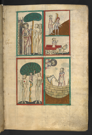 Miniature of four scenes: 1.God showing Adam and Eve the tree; 2. the Fall; 3. Cain and Abel; 4. Noah building the Ark