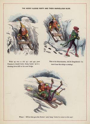 The merry sledge party and thier marvellous slide (colour litho)