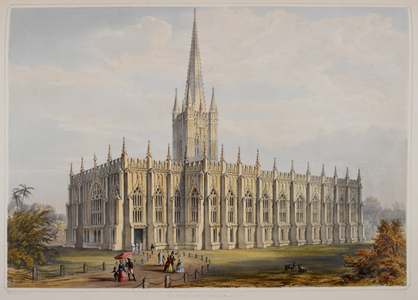 St Paul's Cathedral, Calcutta. People can be seen leaving the cathedral. From Views Of Calcutta And Its Environs.