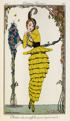 Petite robe de taffetas pour l'apres-mid. Costumes Parisiens no. 183.
Woman wearing a yellow or mustard coloured taffeta dress for the after-noon. She wears a hat with feather.