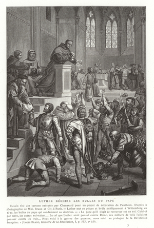 Martin Luther tearing up papal bulls, Wittenberg, Germany, 1520 (engraving)