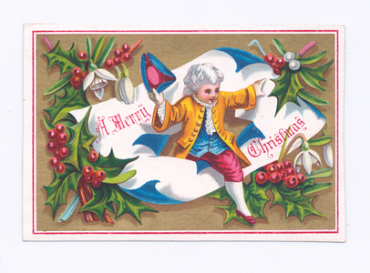 A Victorian Christmas card of a boy dressed in regency costume bursting out of a scroll, c.1880 (colour litho)