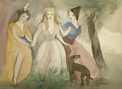 Three Women and a Dog,  (watercolour over pencil on paper)