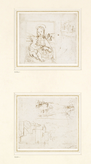 Landscape Sketch with a brief Study of the Virgin Mary's head turned to left, 1500-1504 (pen and brown ink over metalpoint on white paper)